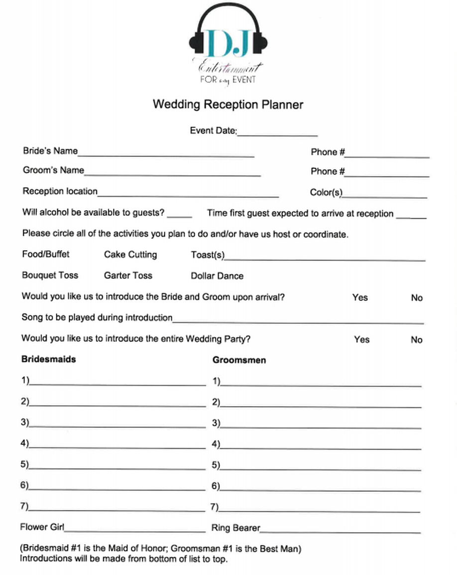 Wedding Reception Planning Form